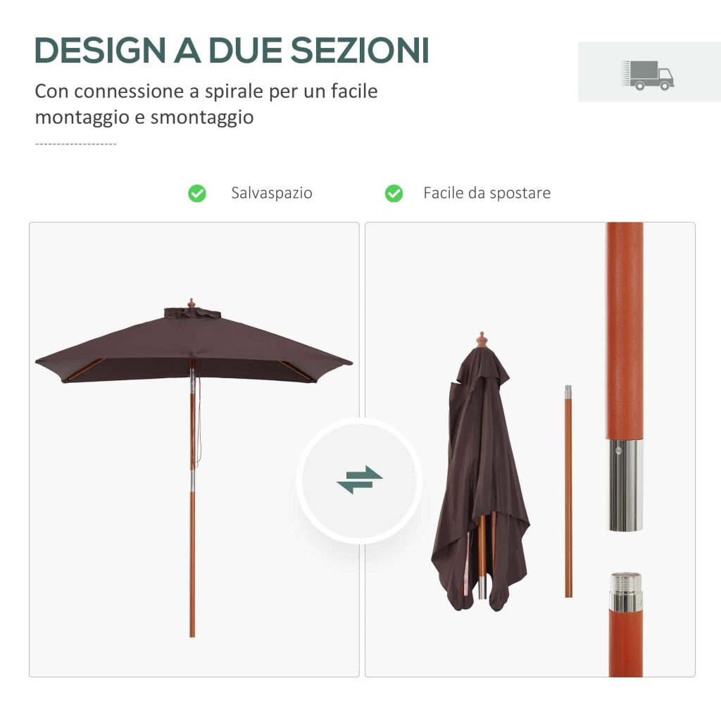 Ombrellone da Giardino Rettangolare Inclinabile 200x150x235H cm Apertura a Corda Caffè