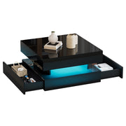 Tavolino da Salotto Alzabile Quadrato con 2 Cassetti e LED; Finitura Lucida; Vano Contenitore Nascosto; in Pannelli di Particelle; 65×65×38;5 cm; Nero