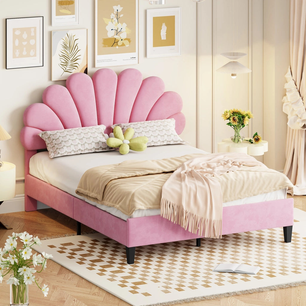 OKWISH Letto Imbottito 140×200 cm, Letto Matrimoniale con Testiera a Fiore e 12 Doghe Rinforzate, senza Materasso, Rosa