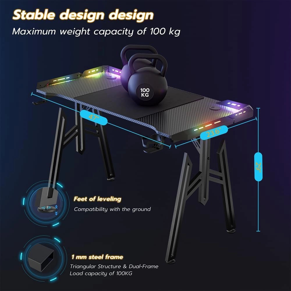 Scrivania da Gaming LED 120x60 cm Tavolo da Gaming Scrivania per Computer con Porta-bevande e Gancio per Cuffie Tavolo PC Tavolo da Giocatore Tavolo da Gaming con Rivestimento in Fibra di