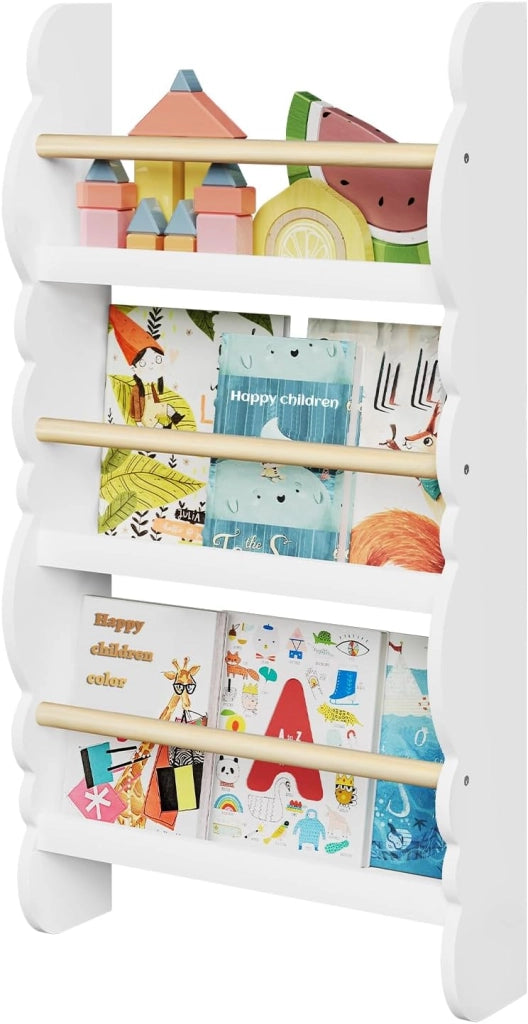 Libreria da Parete per Bambini, Piccola Libreria Frontale a 4 Ripiani in Legno, Scaffale Porta Libri a Muro per Cameretta, Bianco, 60x14,5x98 cm