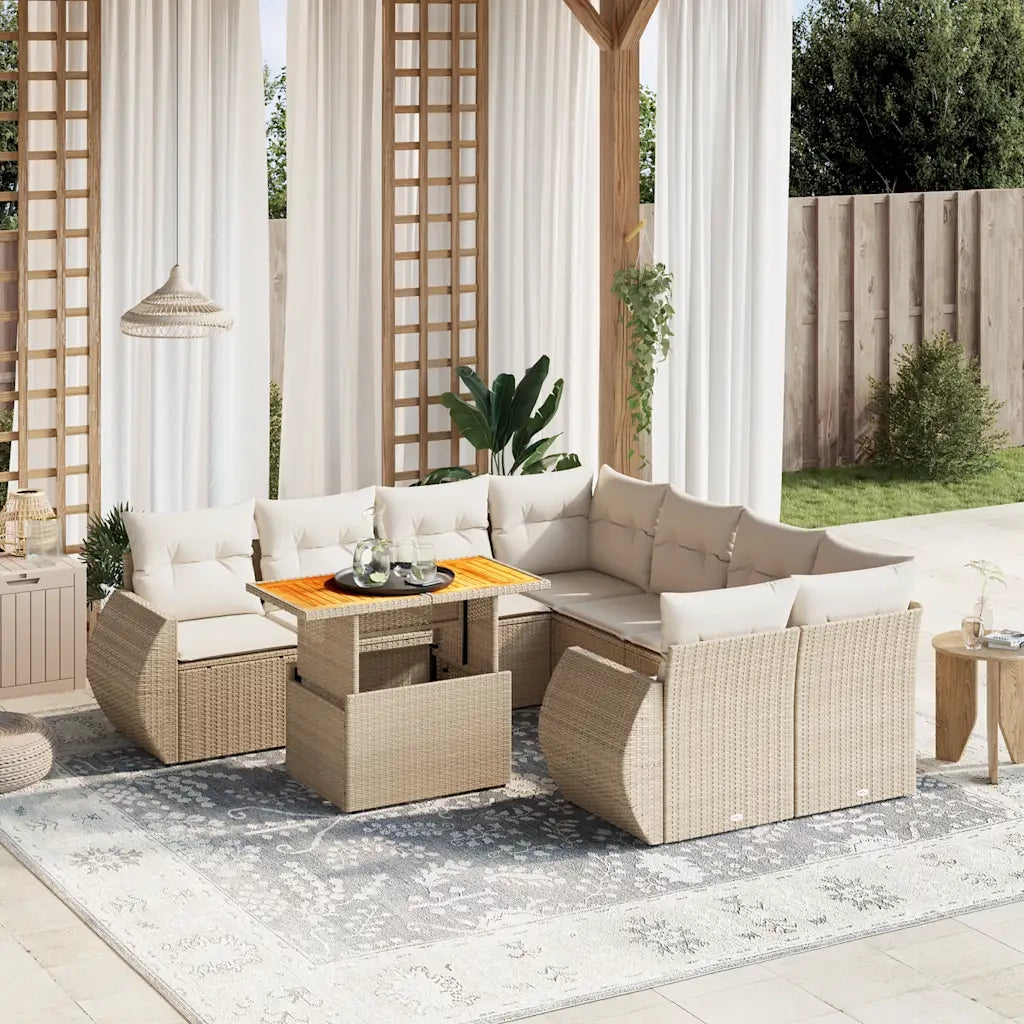 Set Divano da Giardino 9 pz con Cuscini Beige in Polyrattan