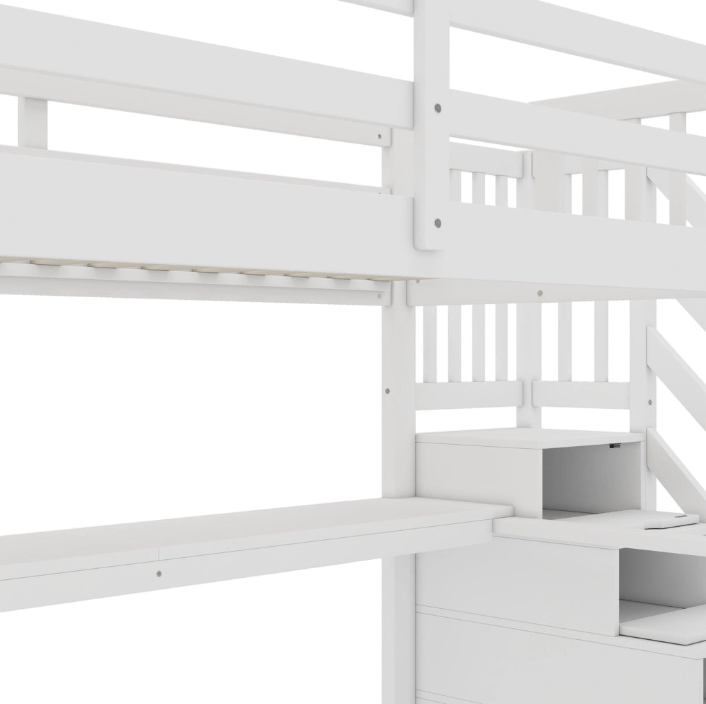 Letto a soppalco ULEVR 90x200 cm con scrivania, cassetti contenitore e scala con vano, bianco
