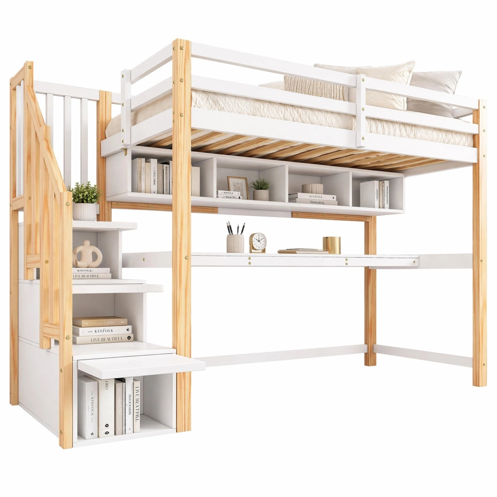 Letto a soppalco per bambini con scrivania, scale contenitore e ripiani