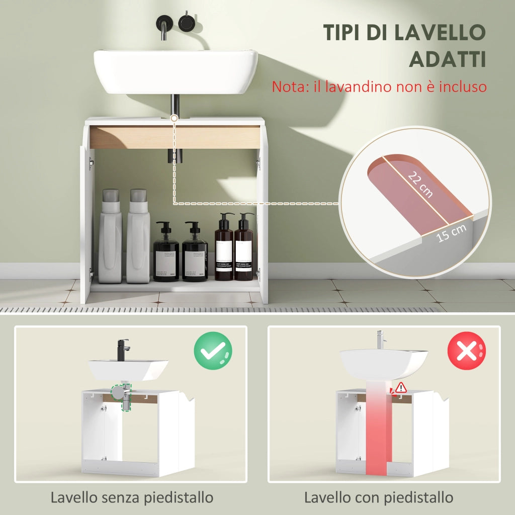 Mobile Sottolavabo 60x35x57,9 cm con 2 Ante Ammortizzate per Lavabo Senza Piedistallo in MDF Bianco