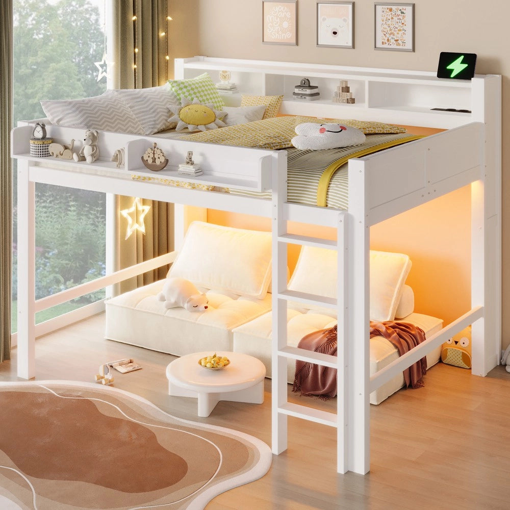 Letto a Soppalco in Legno con LED e USB ¨C MINIMAL ¨C Bianco 140x200 cm