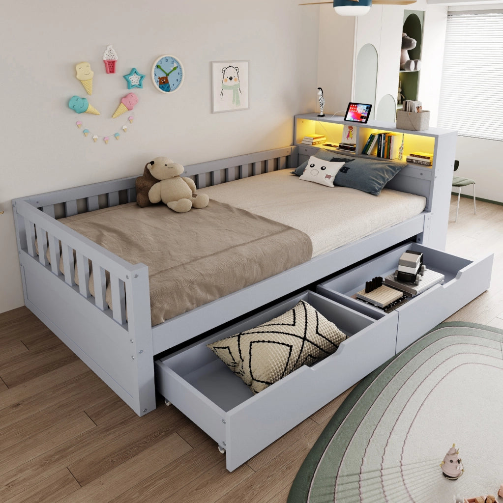Letto singolo multifunzione 90x200 cm in legno grigio con cassetti; LED e prese USB