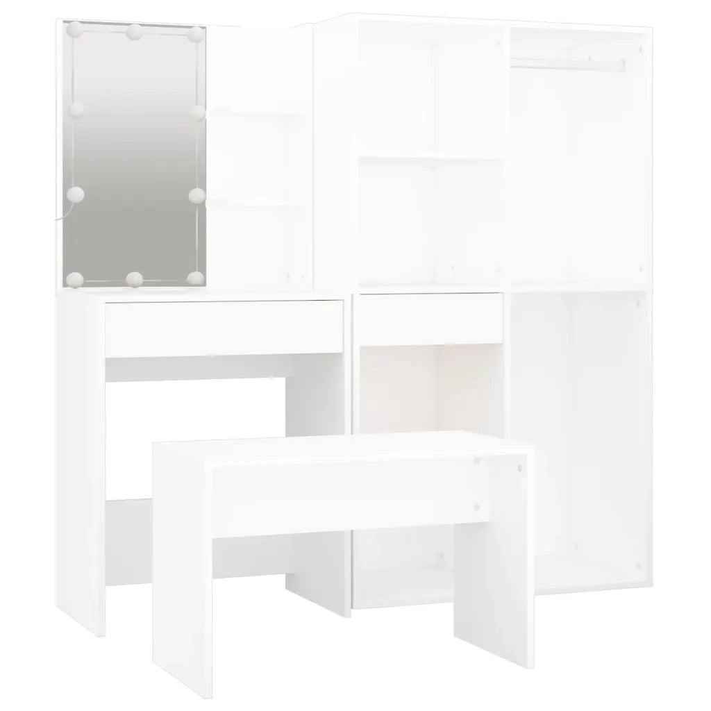 Set Tavolo da Toeletta | Tavolo da Trucco Bianco con LED in Legno Multistrato