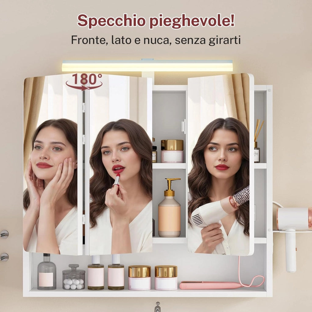 Specchio Bagno Contenitore con Luce LED e Presa Elettrica, Mobile Bagno a Specchio a 3 Ante con Gancio Asciugacapelli, 3 temperature di colore dimmerabili, Ripiani Regolabili, Bianc