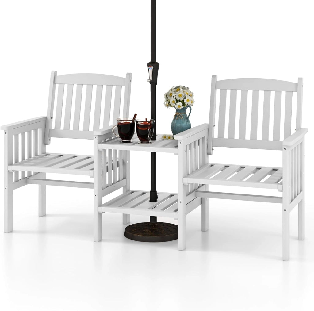 Set Tavolo e Sedie da Giardino con Foro per Ombrellone, Set di Mobili a 2 Posti in Legno Abete, Tavolino a 2 Ripiani, Sedia Portata 150 kg, Tavolino Portata 30+30 kg