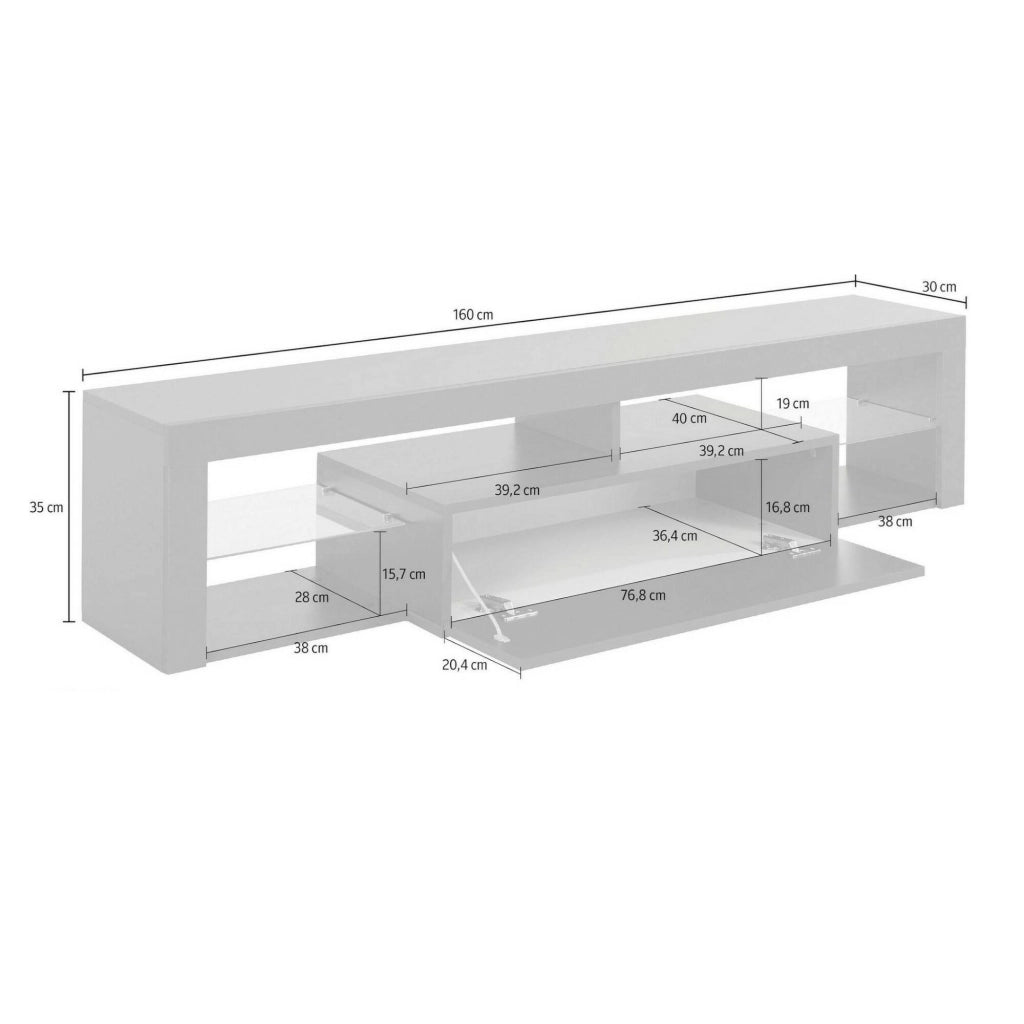 Mobile porta TV Ivy, Base porta TV, Credenza bassa da soggiorno a 1 anta, 100% Made in Italy, 160x40h35 cm, Bianco lucido