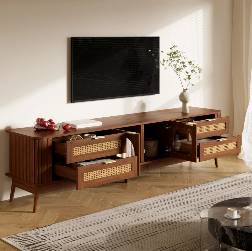 Mobile TV 180x40x50 cm con illuminazione LED controllabile via app; vetro di sicurezza; pannello truciolare; noce