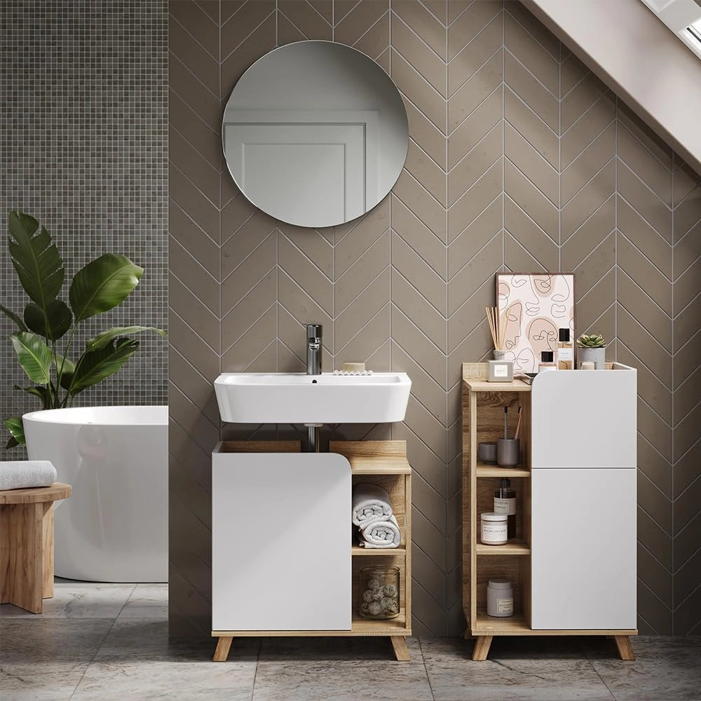 Set di mobili da bagno Karen, Sonoma/Bianco, 60 cm, composto da mobile sottolavabo, specchiera e mobile medio