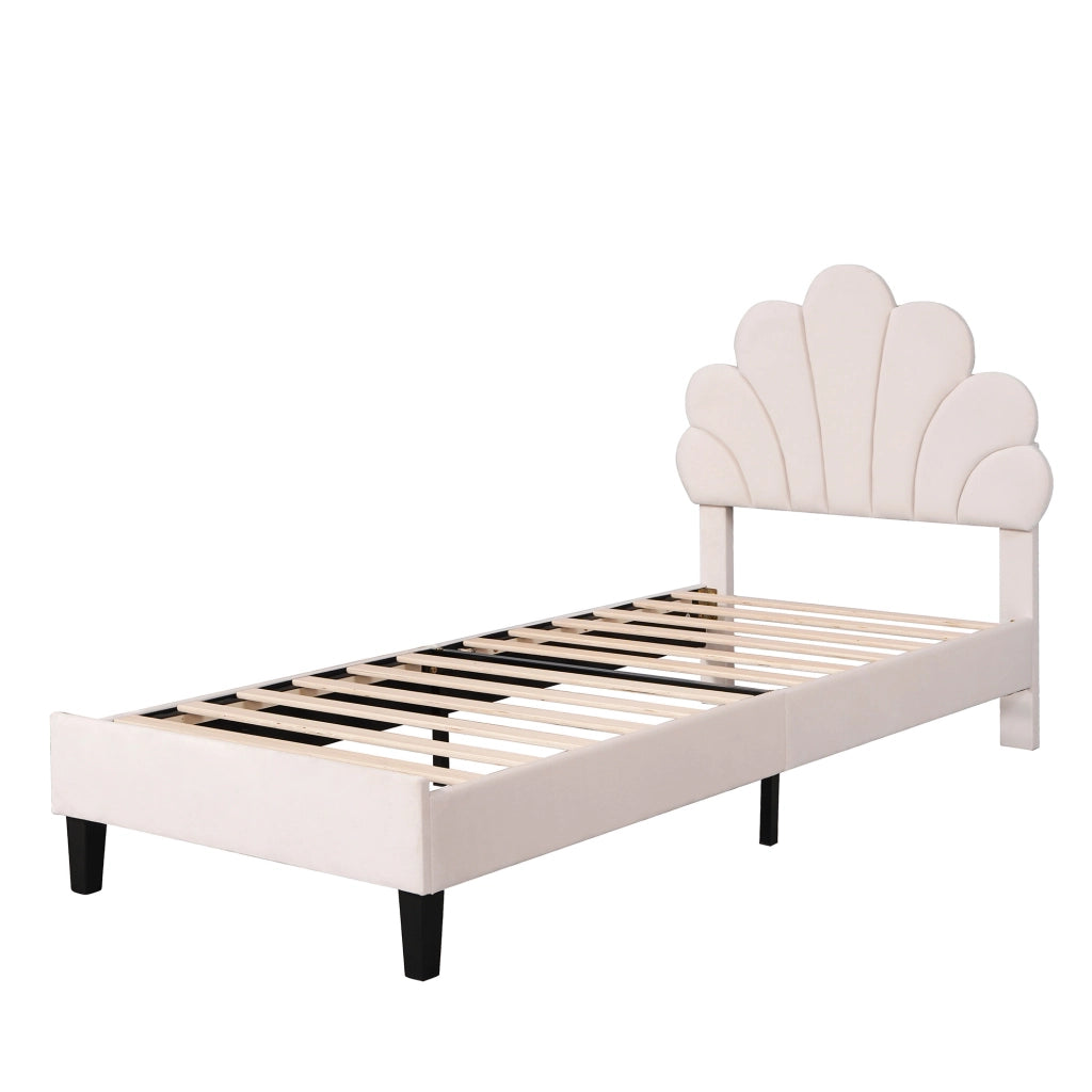 Letto imbottito 90x200 cm con testiera a forma di fiore; velluto beige