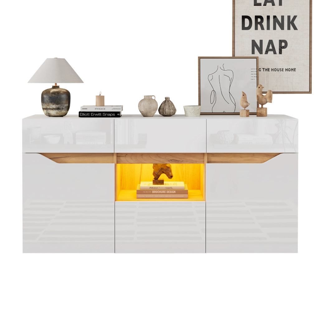 Sideboard soggiorno 140 x 40 x 70 cm con 4 cassetti, 2 ante, LED smart, finitura bianco e legno