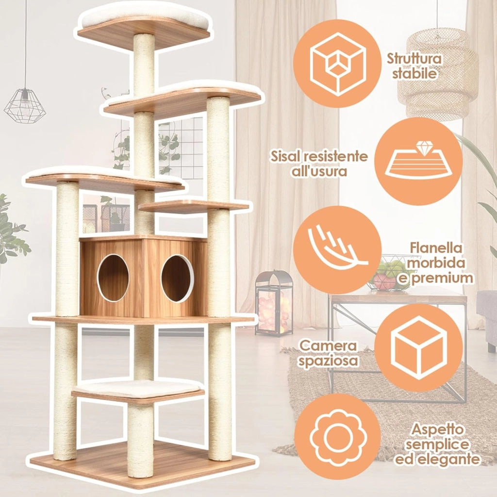 Tiragraffi per Gatti 176cm, Albero per Gatti Adulti XXL con Corda Sisal, Cuccia, Piattaforma e Cuscini, 86,5 x 86,5 x 176cm, Nero e Naturale