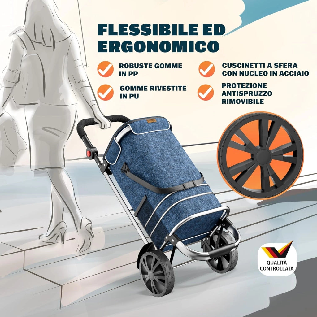 Carrello della Spesa 3in1 56L fino a 50 kg Borsa Pieghevole Rimovibile Carrellino Portaspesa Trolley Blu