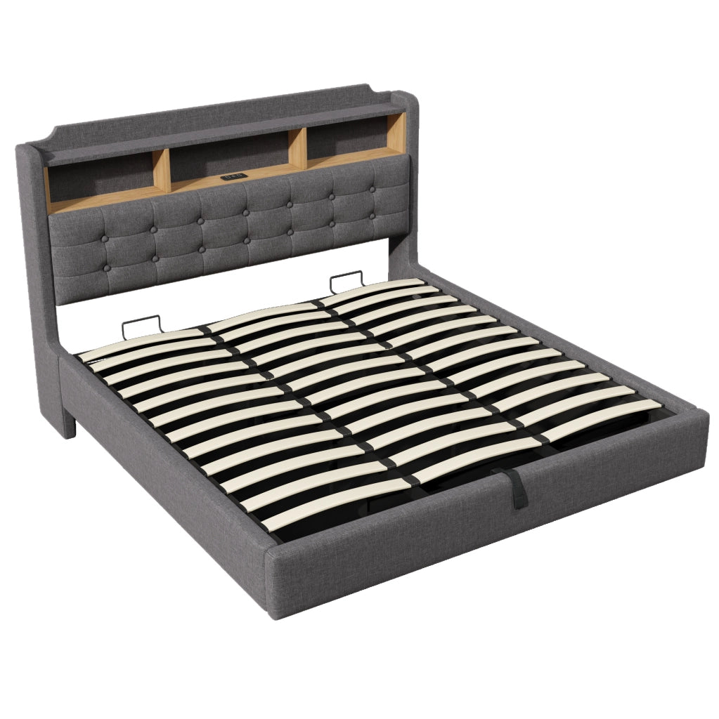 Letto imbottito 180x200 cm con illuminazione LED; contenitore idraulico; in lino e MDF; grigio