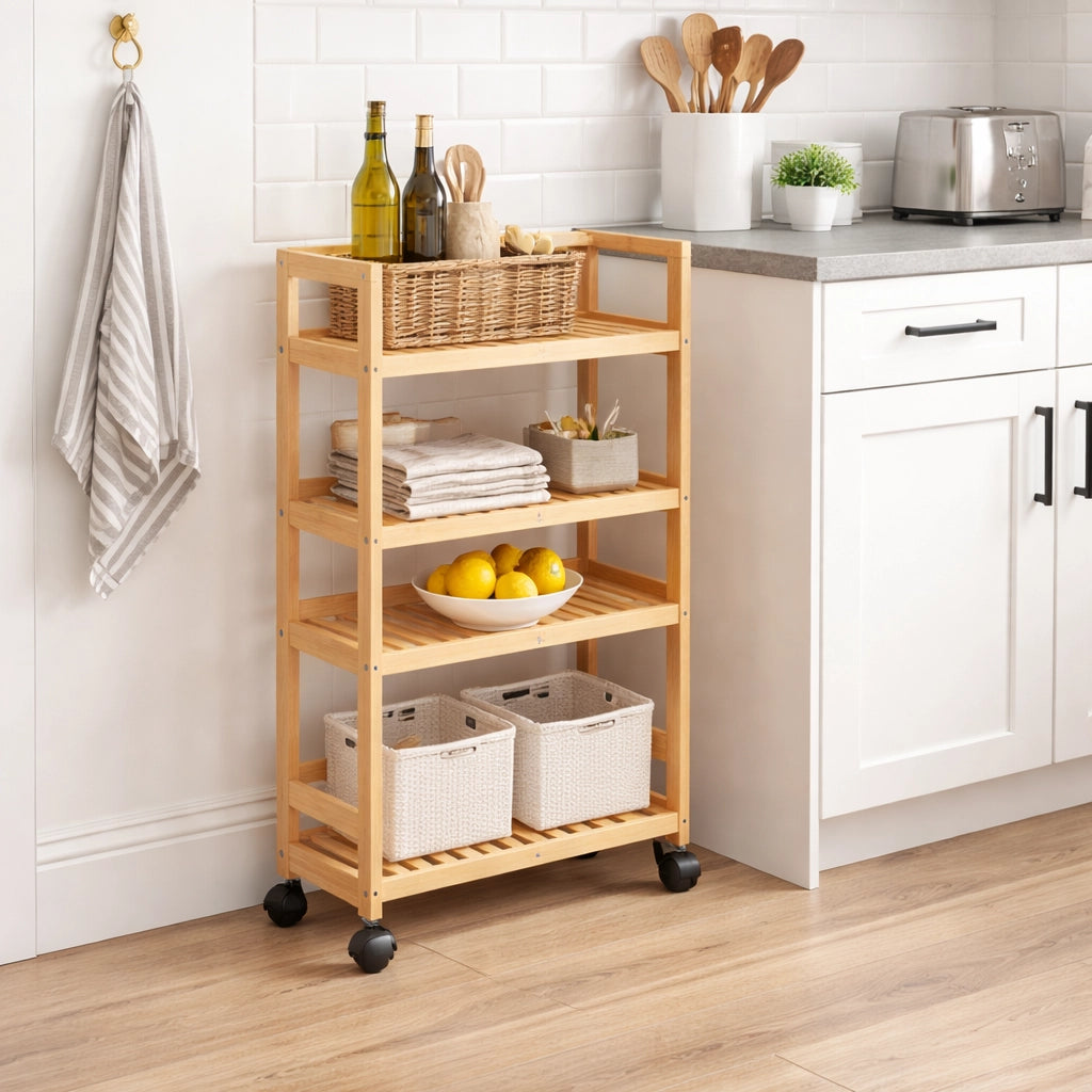 Carrello Cucina Legno Bambù 20x44.5 H75cm Slim 4Ruote Legno Naturale Salvaspazio