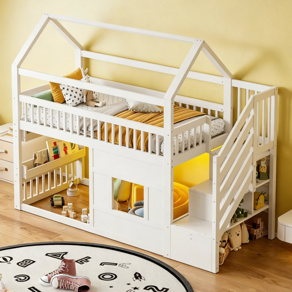 Letto a soppalco per bambini con LED; scala a 2 vani e finestra LEMONMAX; 90x200 cm; cabana mezza altezza; pino massiccio; bianco