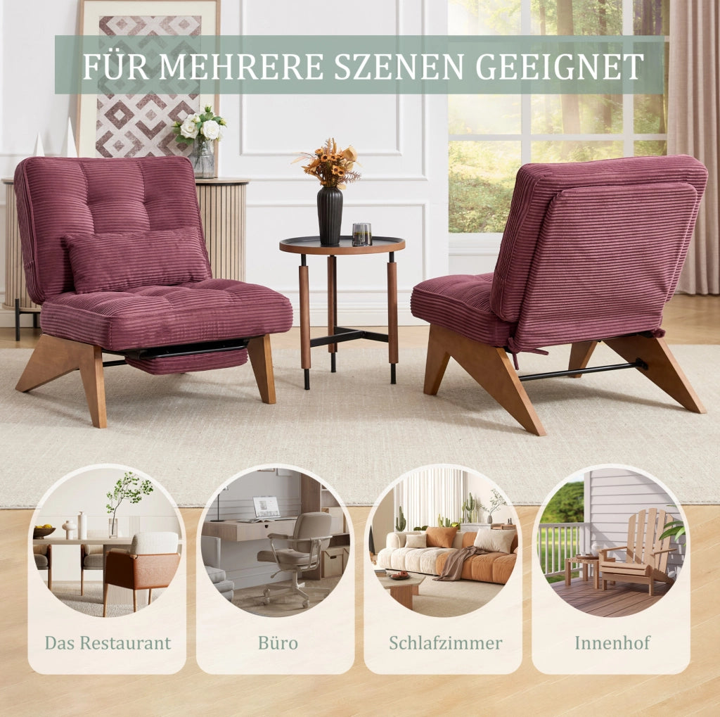Poltrona lounge reclinabile in velluto a coste; con cuscino lombare; gambe in legno; bordeaux