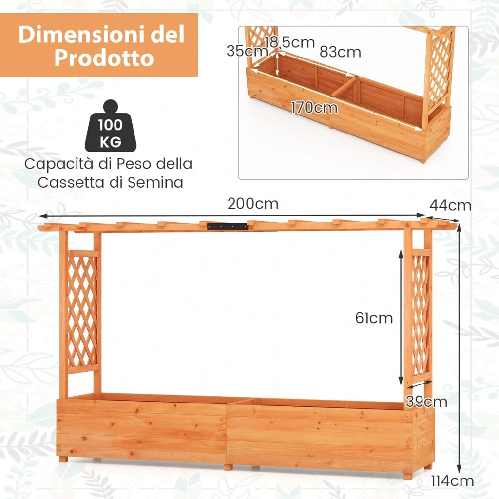 Fioriera Rialzata con Grigliato, Aiuola Rialzata con Traliccio per Piante Rampicanti e Fori di Drenaggio, Orto Elevato da Giardino, Terrazzo e Cortile (Arancione, 200 x 44 x 114 cm)