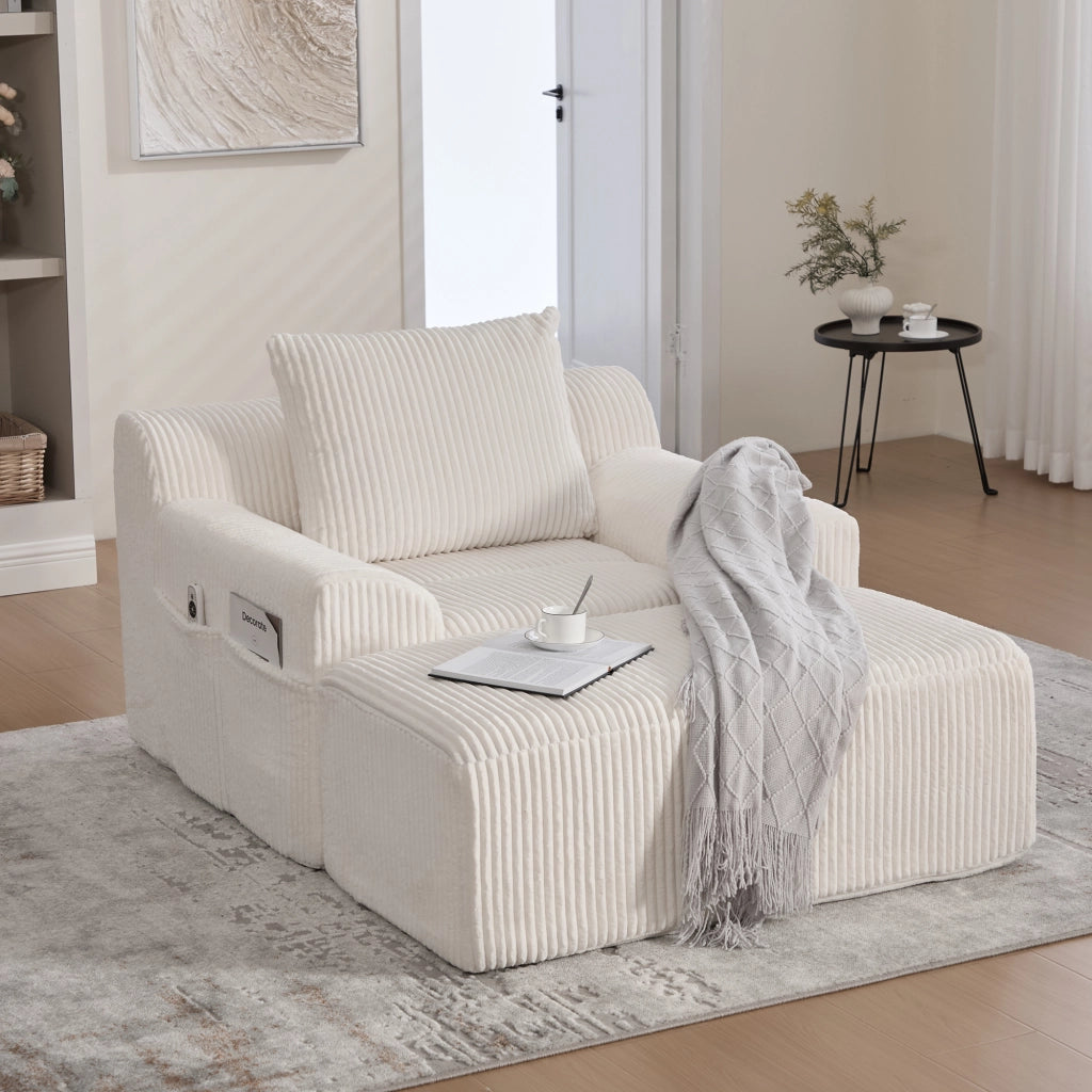 OKWISH Poltrona con Poggiapiedi in Velluto a Coste Seduta Profonda con Tasche Laterali e Cuscino Beige