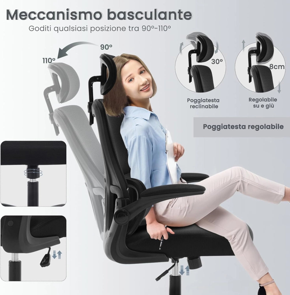 Sedia Ufficio Ergonomica, Sedie Ufficio a Rete Traspirante, Con Supporto Lombare Adattativo a Forma Di C, Poggiatesta Regolabile, Braccioli Ribaltabili, per Scrivania, Casa, Nero