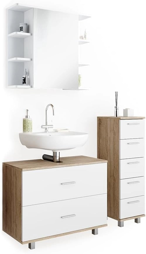 Set mobili bagno Ilias, Bianco/Sonoma, 80 cm, composto da mobile sottolavabo, specchiera e mobile medio