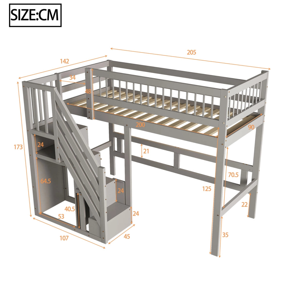 LETTO singolo con scala contenitore 90x200 cm legno grigio
