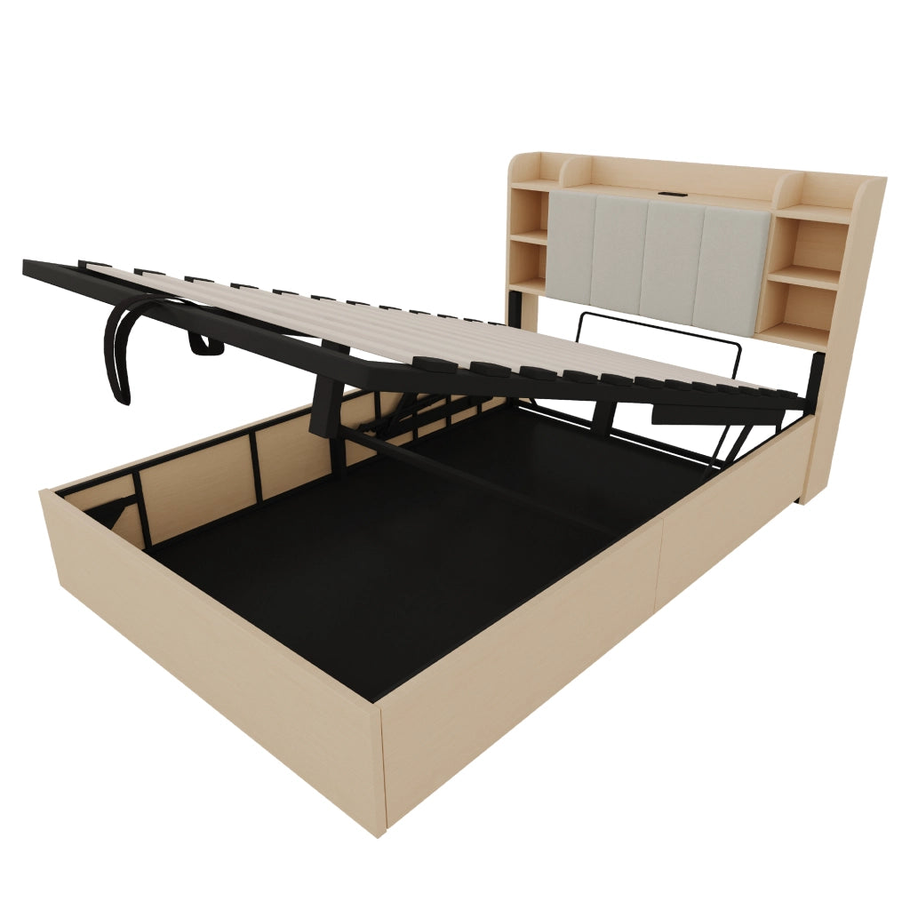 OKWISH Letto Contenitore 140×200 cm, Letto Matrimoniale con Contenitore Idraulico, USB, Tipo C e Vani, senza Materasso, MDF, Legno Naturale