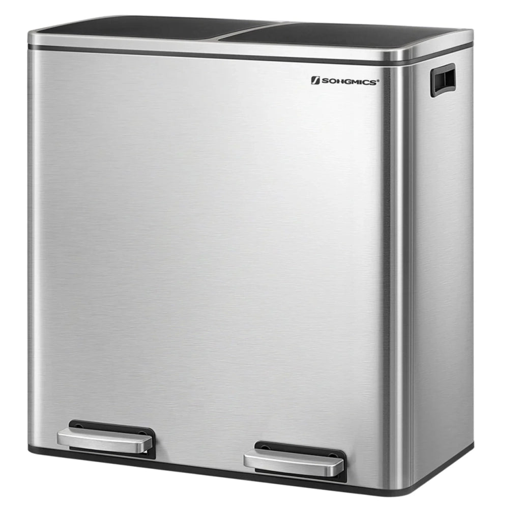 Pattumiera a 2 pedali con doppio scomparto 2 x 30 litri acciaio inox anti-impronta secchio interno in plastica con manico grigio 12_0007156