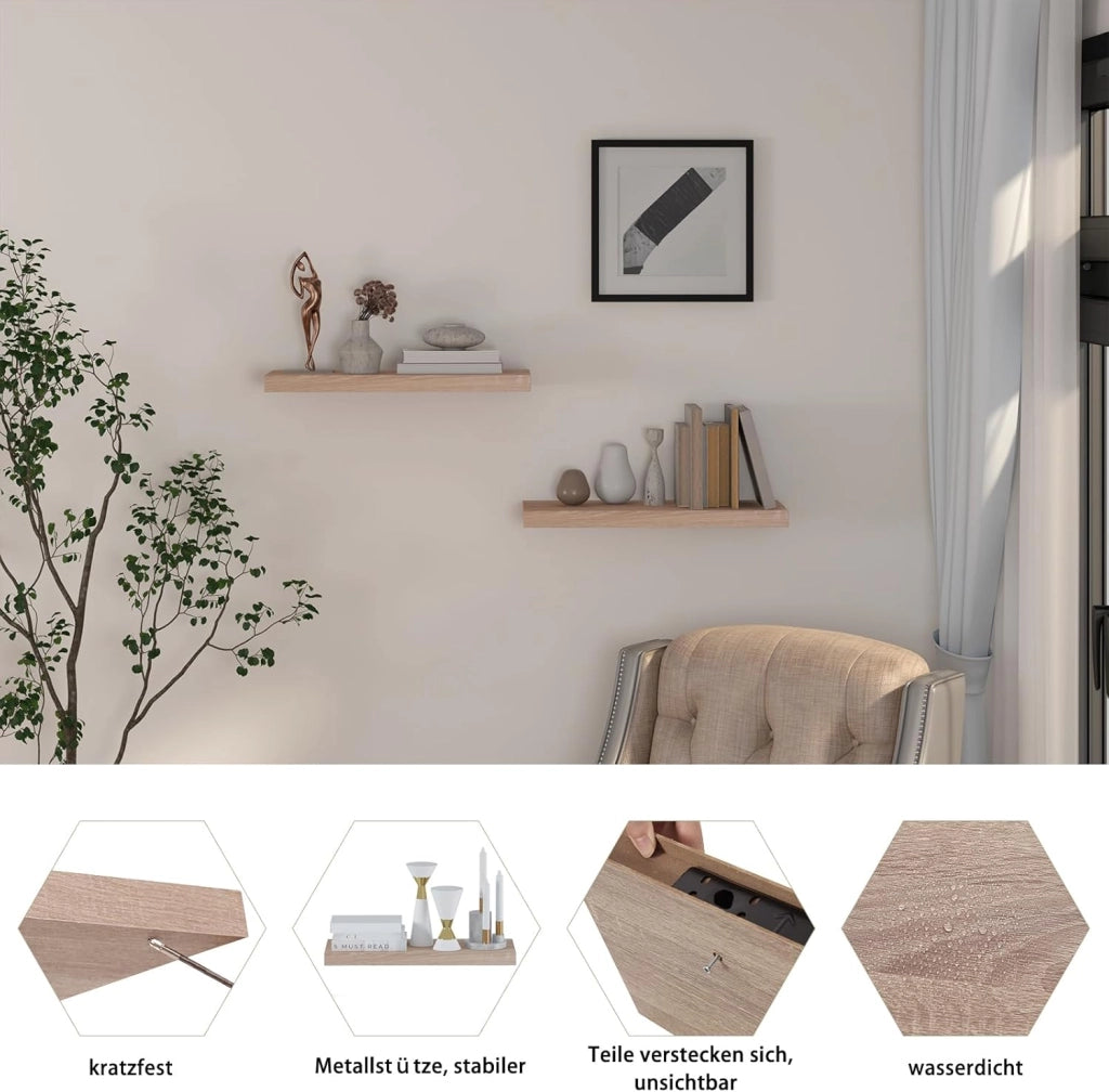 Mensola a Muro, Scaffale a Parete in Legno MDF, 50x22,9x3,8 cm, Quercia, Mensola Multiuso a Scomparsa Decorazione per Soggiorno, Camera da Letto, Salotto