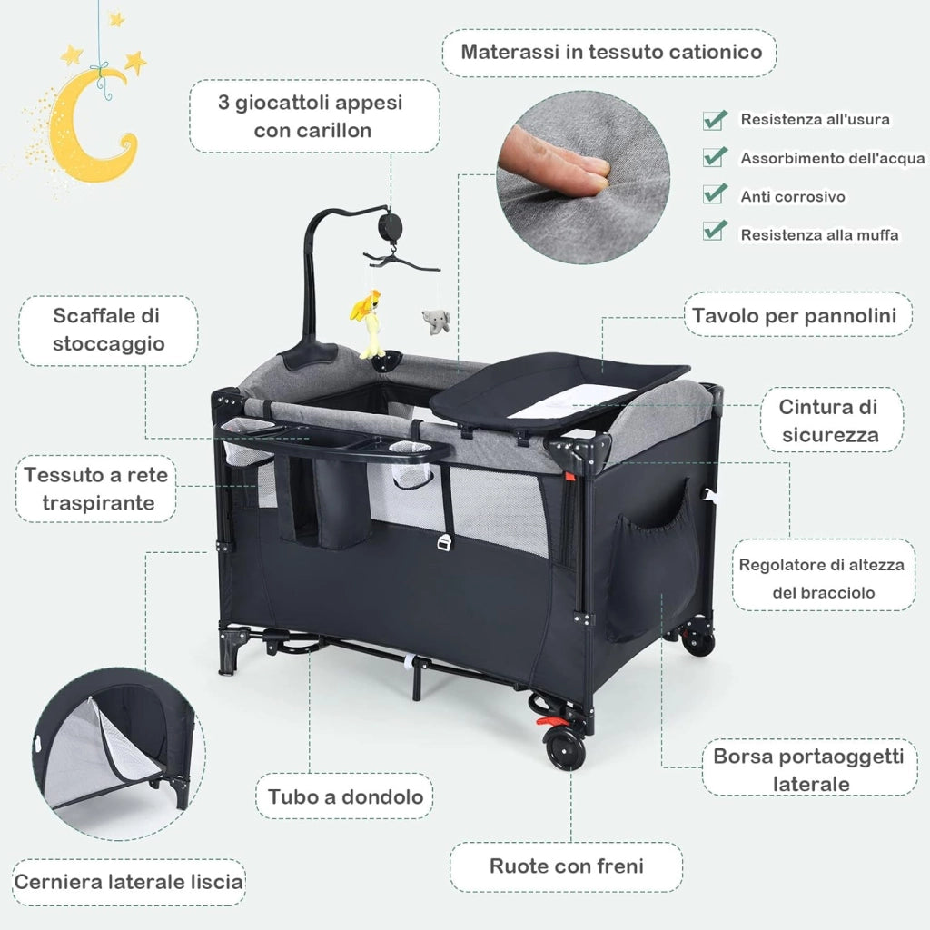 5 in 1 Lettino da Campeggio per Bambini, Lettino con Materasso per Neonato, Culla da Viaggio con Fasciatoio, Altezza Regolabile, Ruote con Freno, per Bambini 0-36 Mesi (Nero)