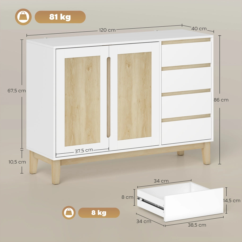 Mobile Buffet con 2 Ante e 4 Cassetti ¨C Xylo ¨C Bianco e Rovere 120x40x86 cm
