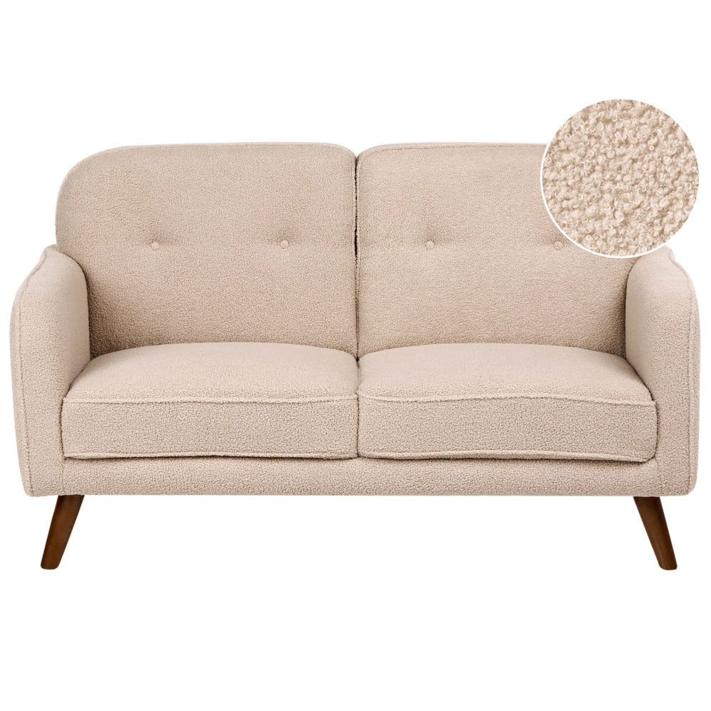 Divano a due posti beige in bouclé con imbottitura a bottoni, gambe in rovere, divanetto a due posti, stile tradizionale, soggiorno