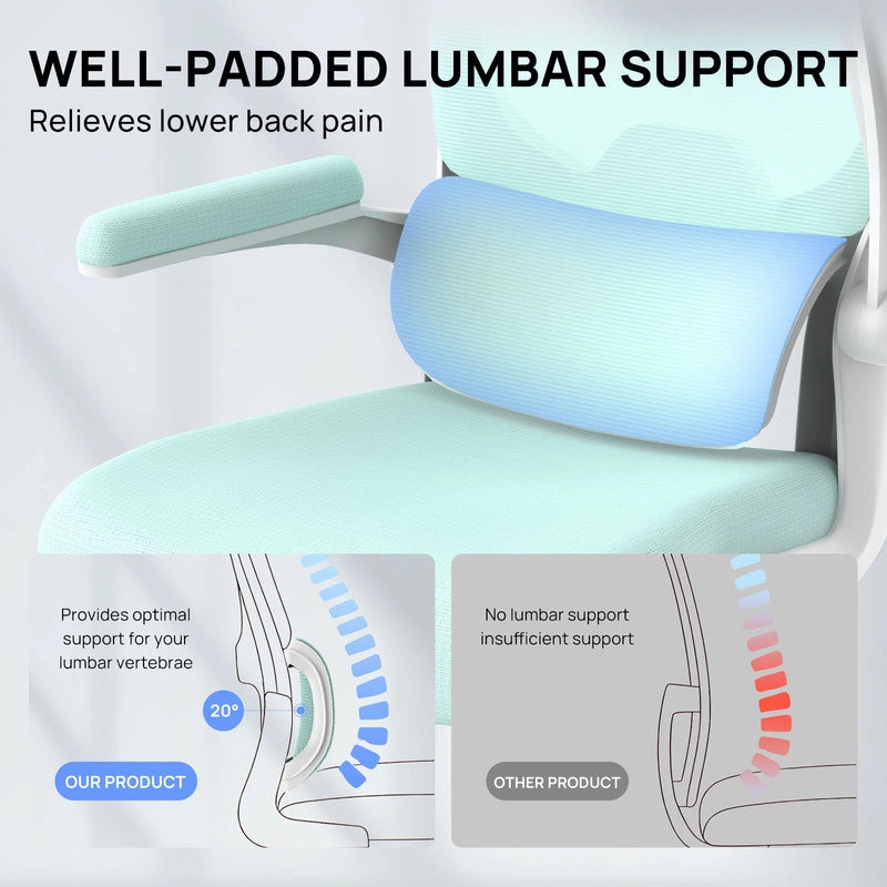 Sedia da ufficio ergonomica - Poltrona HAMLODY - con braccioli pieghevoli a 90° - Supporto lombare - Regolabile in altezza Verde
