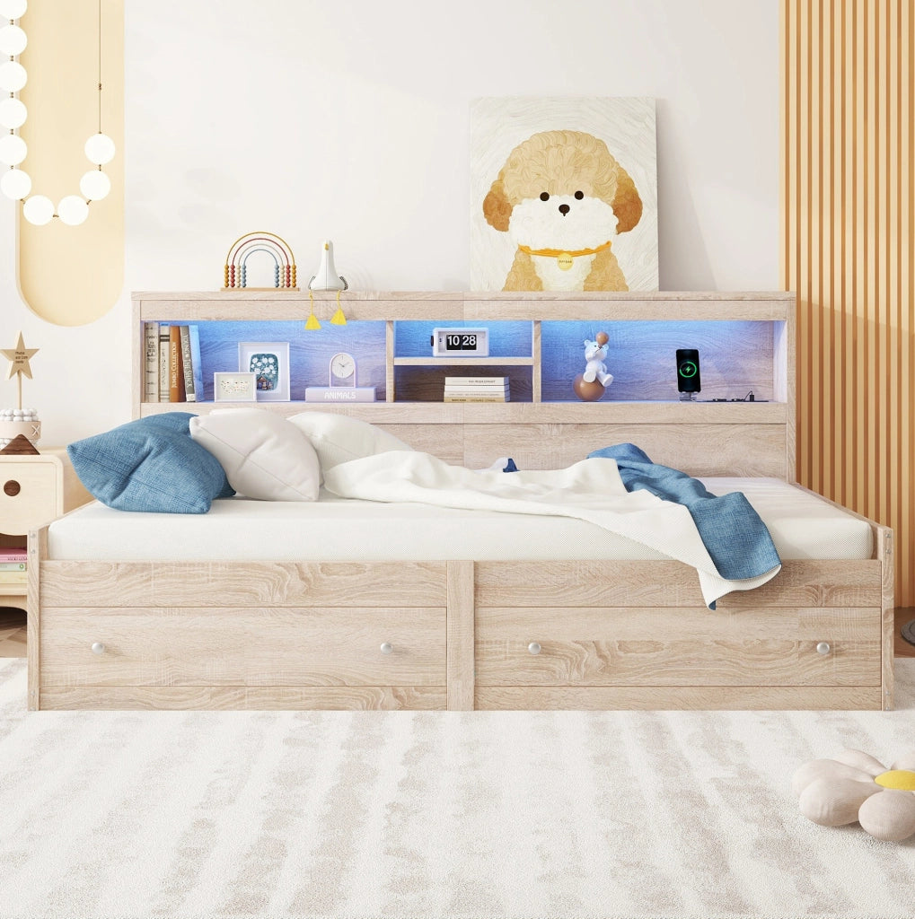 Letto 90x200 cm con LED; USB; prese e cassetti in truciolato e MDF