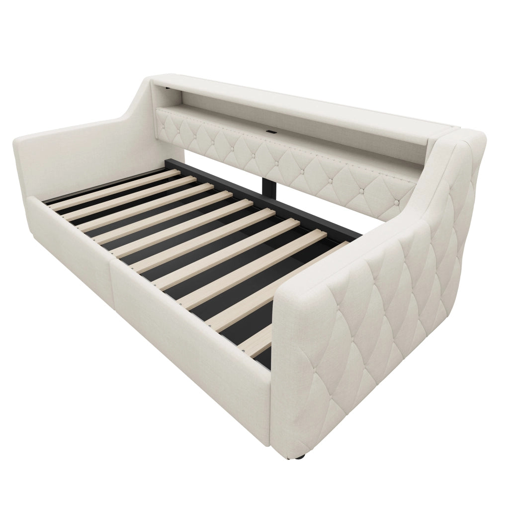 Letto singolo 90x200 cm con contenitore idraulico; LED multicolore e prese USB; tessuto beige