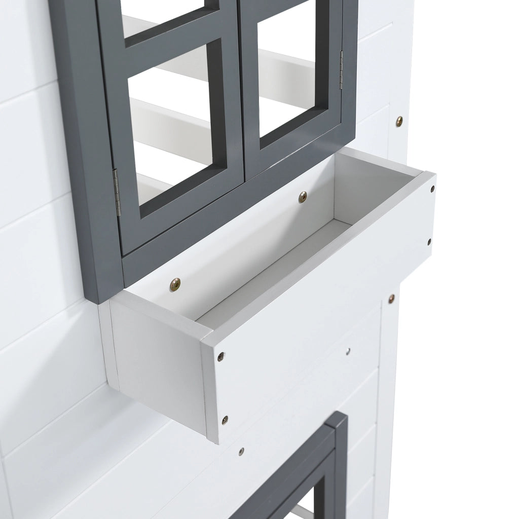 Letto a Castello 90x200 cm; 2 Posti - con Finestre; Sponda e Scalette - Bianco e Grigio