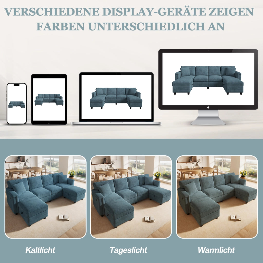 Divano modulare blu in ciniglia 261x134x82 cm con pouf contenitore; USB e Type-C