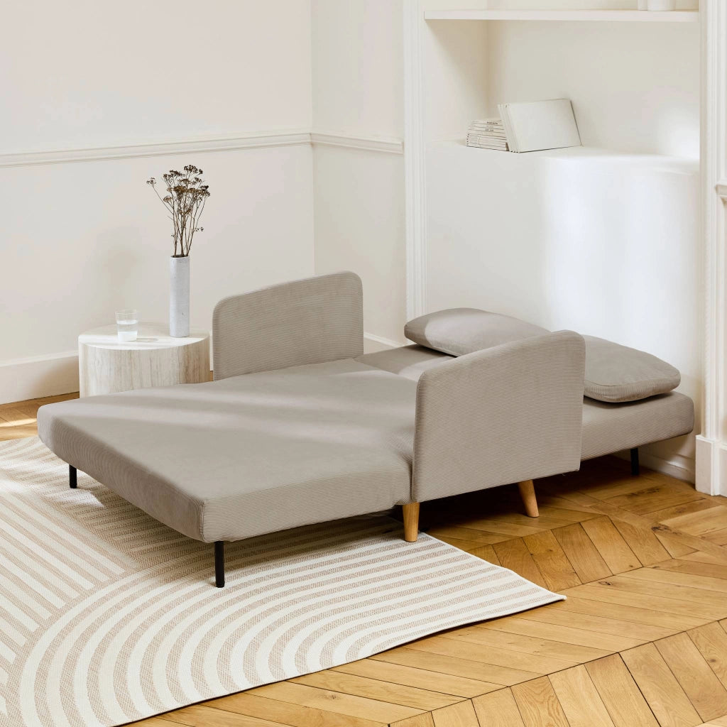 Divano letto in velluto a coste con gambe in legno, 2 posti, beige