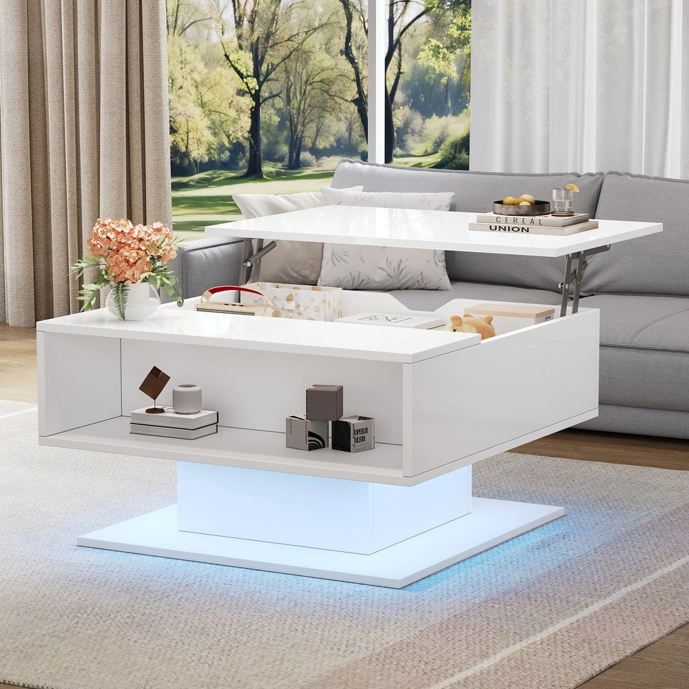 Tavolino da Caff¨¨ con Vano Contenitore e Piano Alzabile ¨C MINIMAL ¨C Bianco Lucido, 80x75x40