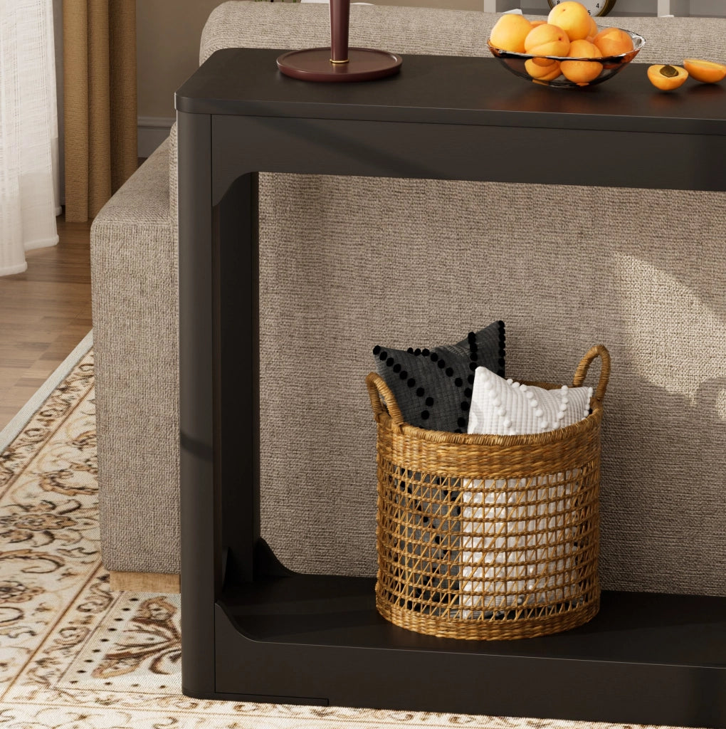 Tavolo consolle stretto 140 cm in MDF nero con ripiani aperti