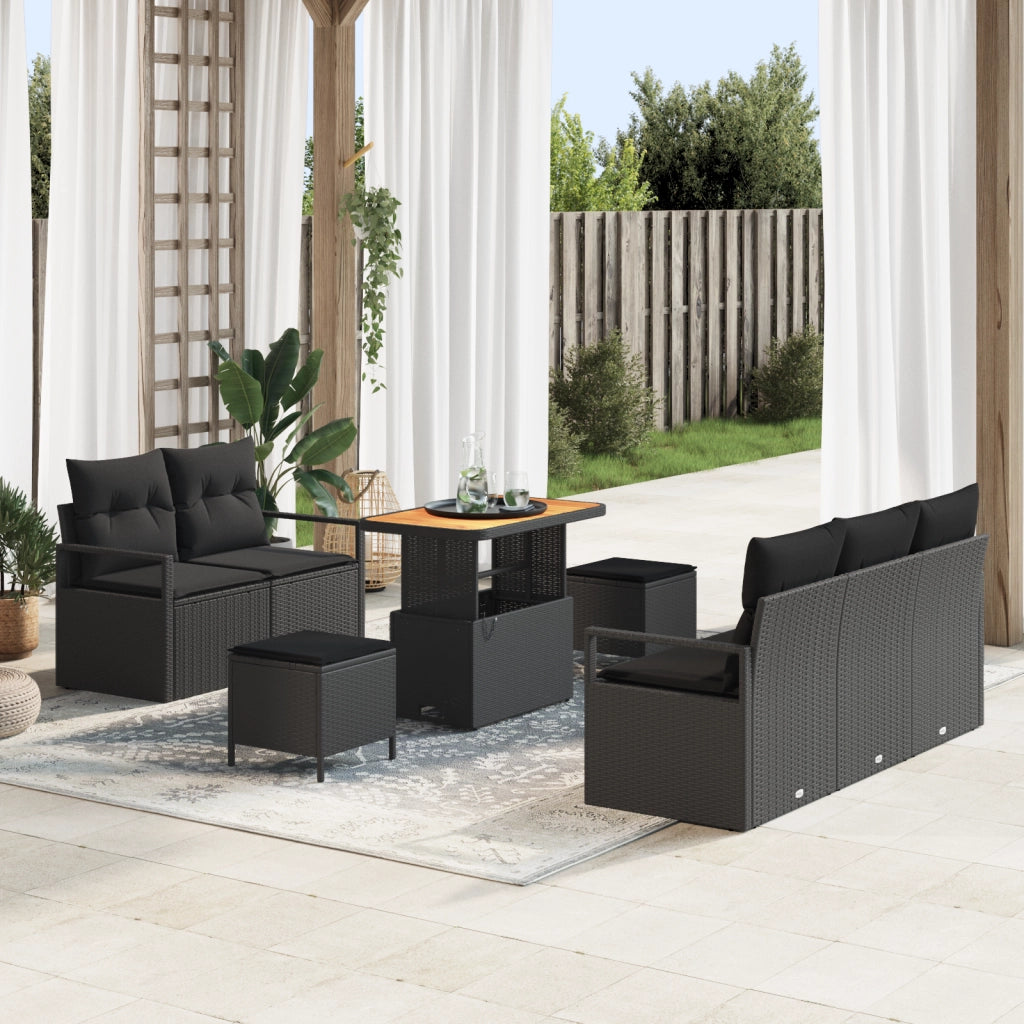 Set Divano da Giardino 8 Pezzi con Cuscini Nero Polyrattan Acacia