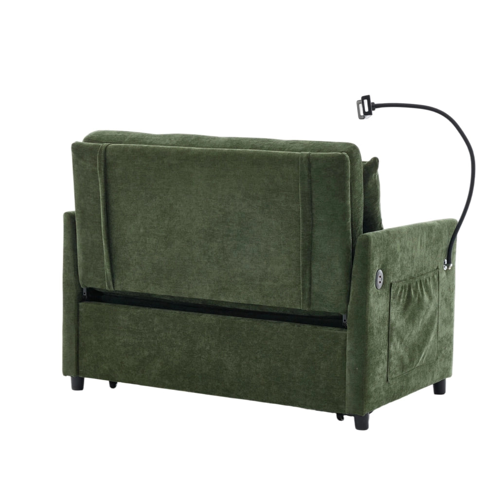 Divano letto moderno con porta USB e supporto tablet in tessuto di lino spazzolato verde 109 × 72 × 83,5 cm