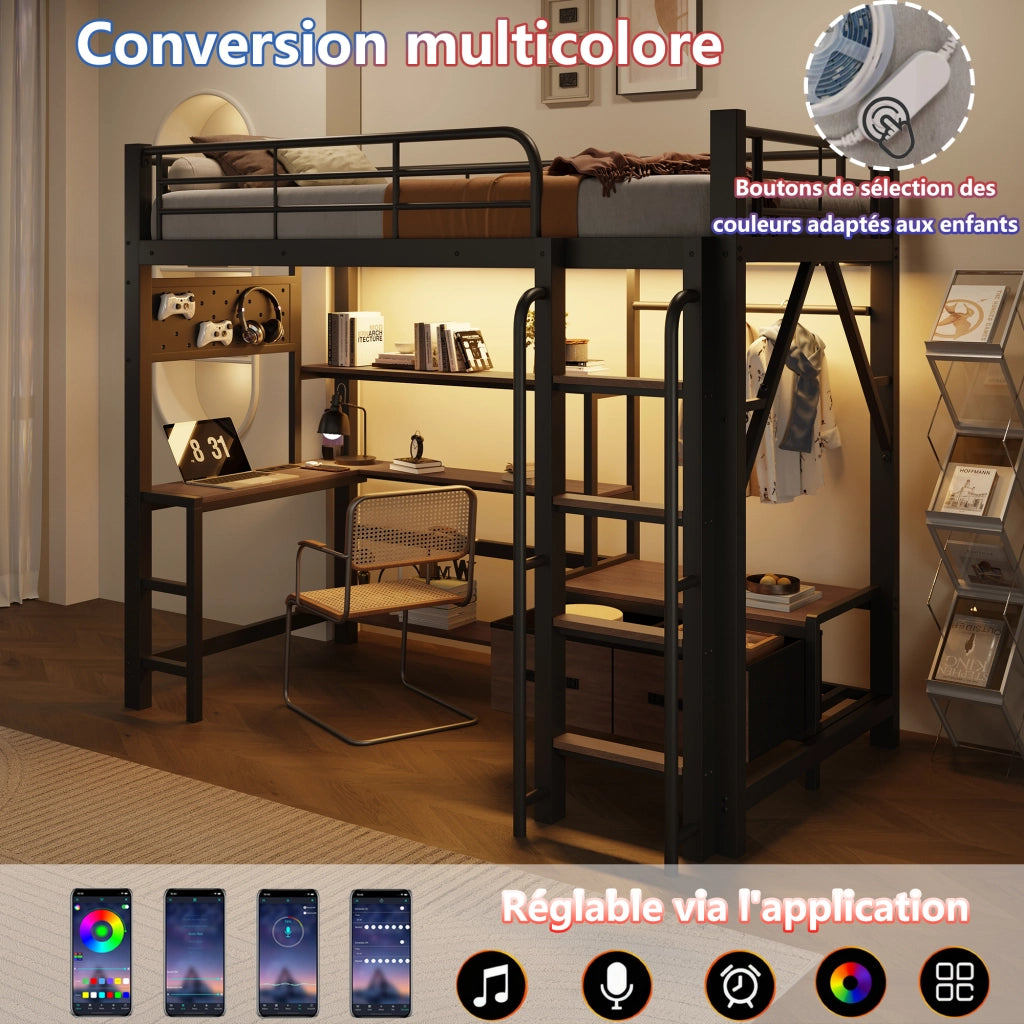 Letto a soppalco in metallo 90x200 cm con scrivania; vani; USB; barra appendiabiti; LED e parapetto; nero