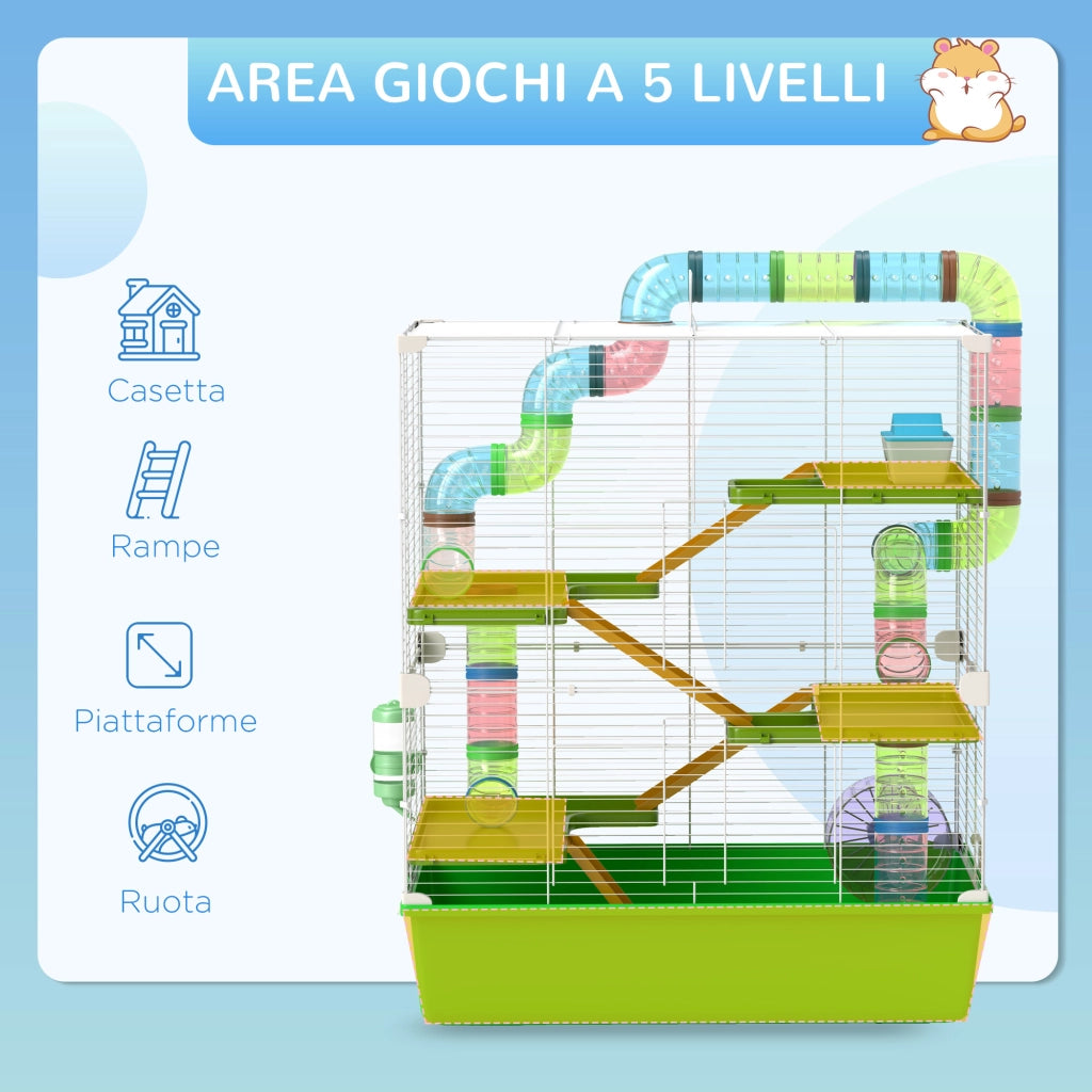 Gabbia per Criceti a 5 Livelli con Tubi e Ruota ¨C zephmum ¨C Verde Bianco 59x36x69 cm