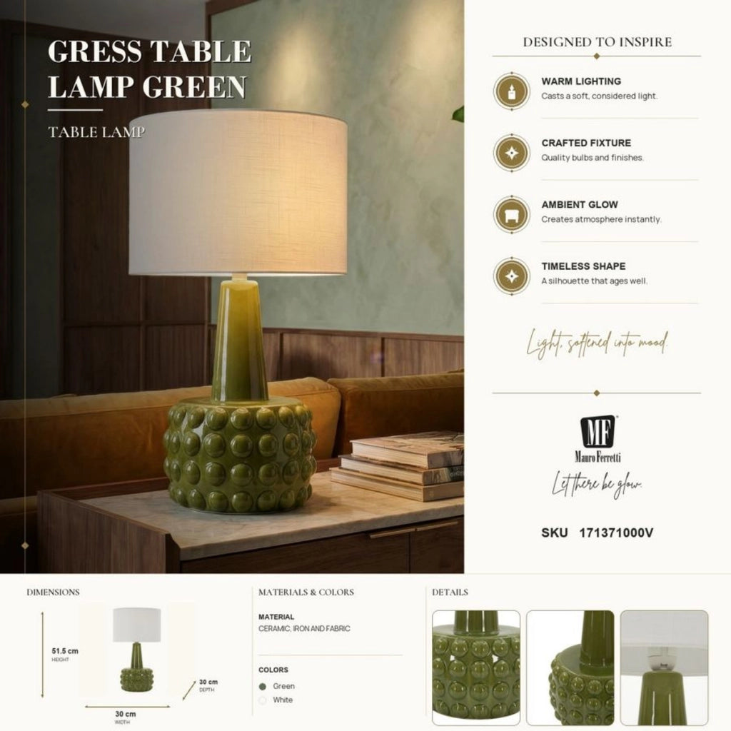 Lampada da tavolo Gress in ceramica verde e tessuto