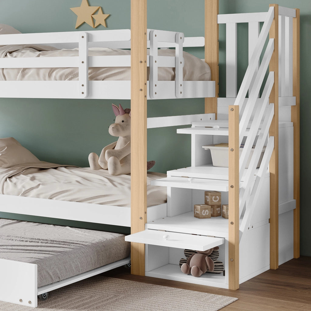 DESMIU Letto a castello 90 × 200 cm e 90 × 190 cm 2 posti con scala con cassetti e materasso senza